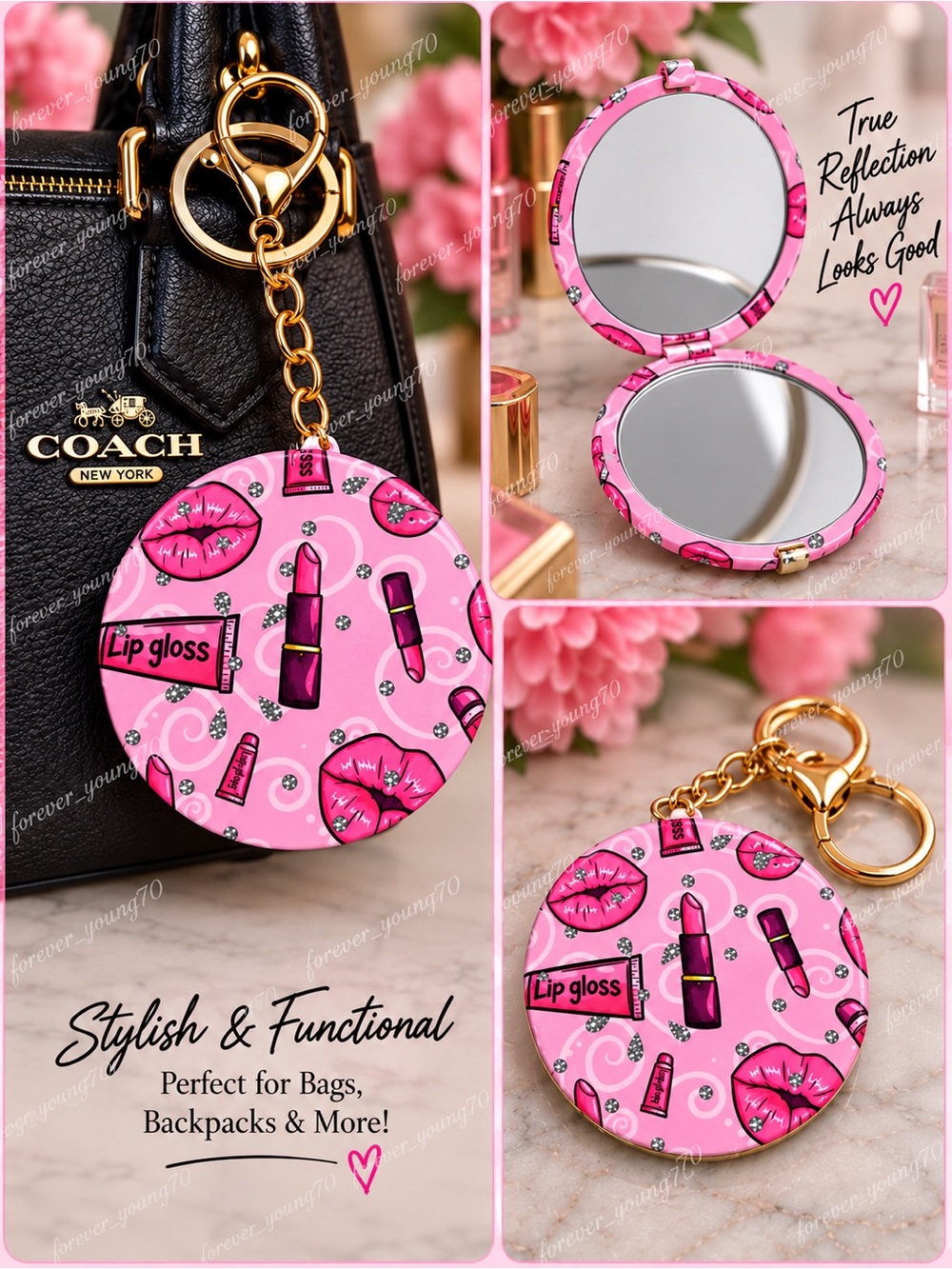 Lip Gloss Compact Mirror Keychain/Bag Charm